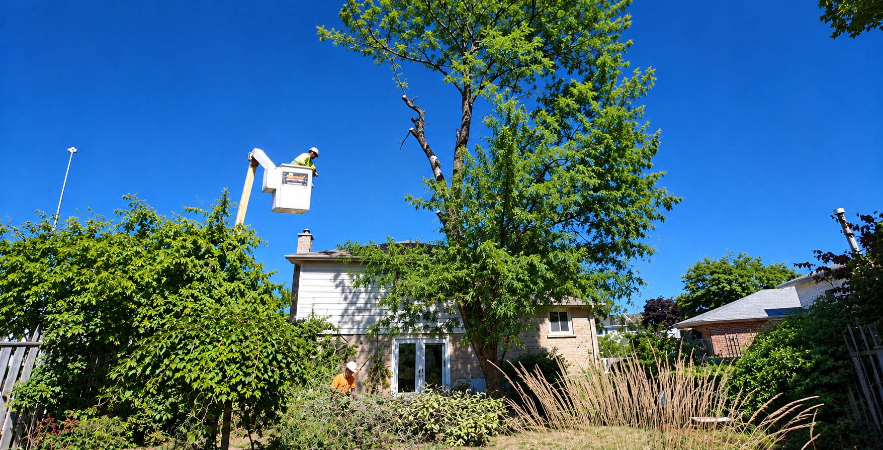 Professional tree worker pruning a large tree